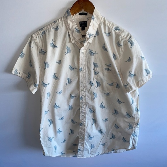 Men's J. Crew Swordfish All Over Print Short Sleeve Button Down Shirt - Picture 2 of 7